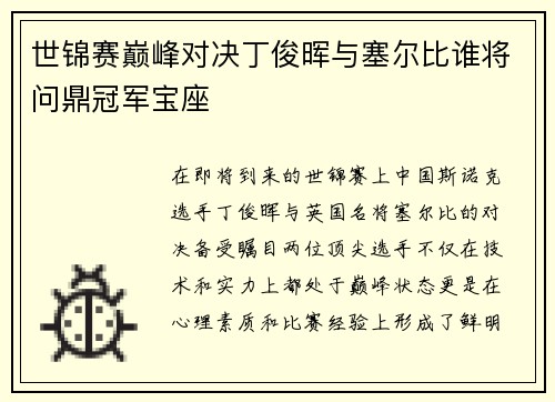 世锦赛巅峰对决丁俊晖与塞尔比谁将问鼎冠军宝座