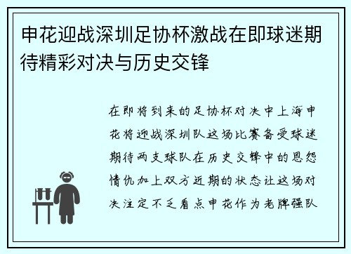申花迎战深圳足协杯激战在即球迷期待精彩对决与历史交锋