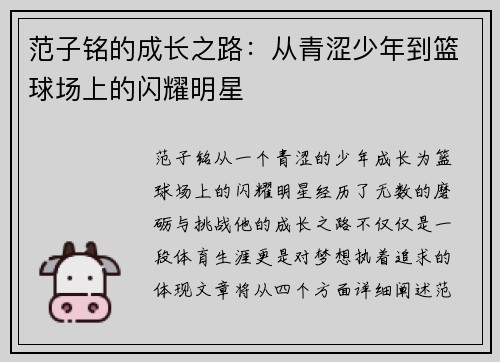 范子铭的成长之路：从青涩少年到篮球场上的闪耀明星