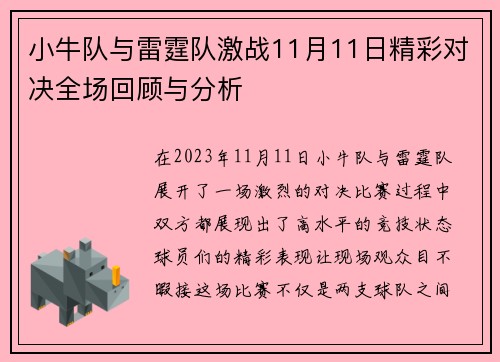 小牛队与雷霆队激战11月11日精彩对决全场回顾与分析