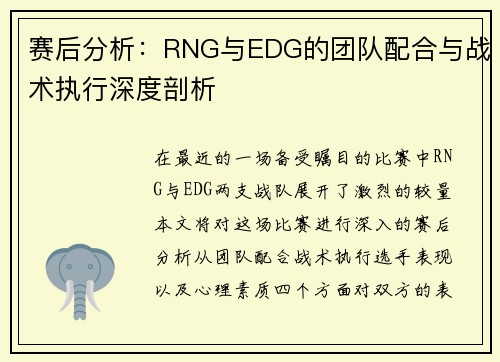 赛后分析：RNG与EDG的团队配合与战术执行深度剖析