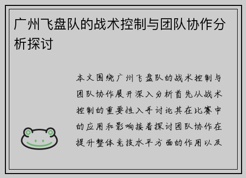 广州飞盘队的战术控制与团队协作分析探讨