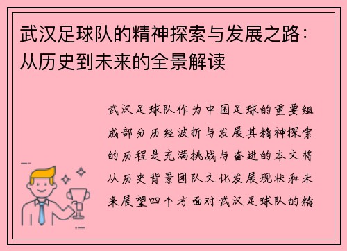 武汉足球队的精神探索与发展之路：从历史到未来的全景解读