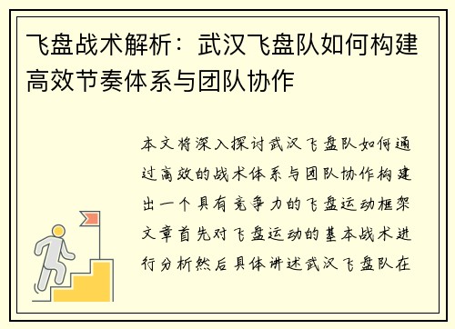 飞盘战术解析：武汉飞盘队如何构建高效节奏体系与团队协作