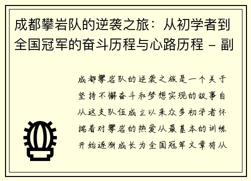 成都攀岩队的逆袭之旅：从初学者到全国冠军的奋斗历程与心路历程 - 副本